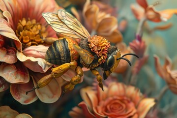 Craft a visually striking, detailed clay sculpture of a bee mid-flight, following a trail of meticulously sculpted and colorful flower petals in a lifelike setting