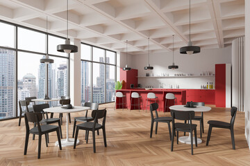 Modern kitchen with dining area, urban city background, well-lit space, concept of contemporary home interior. 3D Rendering