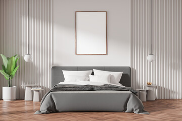 Bedroom interior with a bed, bedside tables, lamps, a plant, and a blank poster on a wall, modern style, light tones, concept of home decor. 3D Rendering - obrazy, fototapety, plakaty