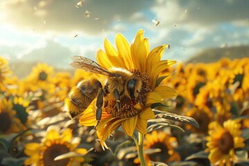 Produce a digital photorealistic rendering of a busy bee amidst a sunflower patch, emphasizing the intricate details of the bees wing movements and the sunflowers intricate petals and stamens