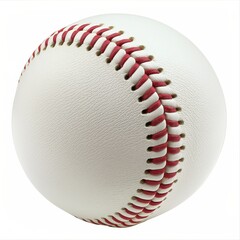 Detailed close-up of a white baseball with red stitching on a white background.