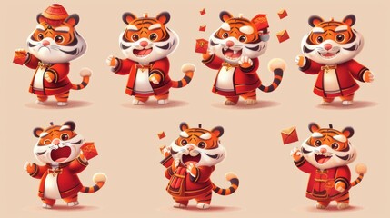 Fototapeta premium An illustration showing a set of cute tigers dressed in traditional Chinese costumes raising their hands high with red envelopes in their hands.