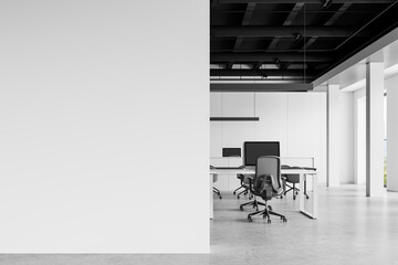 White coworking interior with pc computers in row, panoramic window. Mockup wall