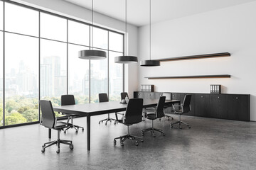Fototapeta premium Minimalist office room interior meeting table and armchairs, panoramic window