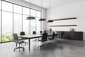 Tuinposter Minimalist office room interior meeting table and armchairs, panoramic window © ImageFlow