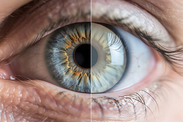 Split image of a normal human eye and cataract condition.