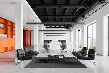 Colored office interior with coworking and relaxing space, panoramic window