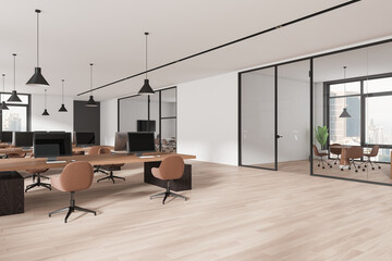 Naklejka premium Cozy office interior with coworking and meeting space, panoramic window