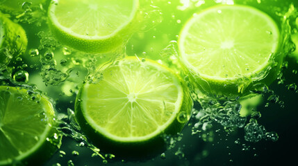 Morceaux de citrons verts, agrume sur un fond d'eau avec éclaboussure d'eau. Fruit, sain, délicieux, acide. Jus de fruit, boisson. Pour conception et création graphique. - obrazy, fototapety, plakaty