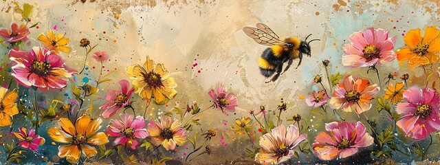 Capture a whimsical scene of a bee buzzing among vibrant wildflowers in a tilted angle view using vibrant watercolors, emphasizing the delicate balance between nature and pollination