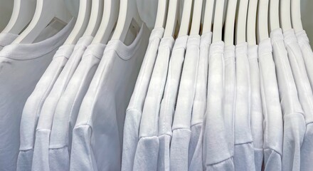 Row of neat white sweatshirts hanging in the closet