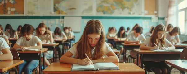 A student with her head in her hands looking overwhelmed in a sunlit classroom filled with other students - obrazy, fototapety, plakaty