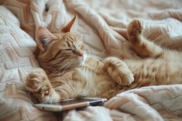 a cat is laying on its back on a bed with a cell phone - obrazy, fototapety, plakaty