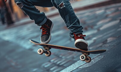 Dynamic shot of a skateboarder mid-trick with vibrant advertising billboards in a lively urban environment