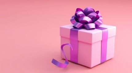 Isolated pink gift box with purple ribbon on pastel background. Perfect holiday gift, bonus, prize, birthday, christmas or wedding surprise.