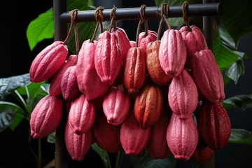 Fotobehang a lush cacao plantation with vibrant pods hanging from the treesCapture the natural beauty and abundance of cacao group pods on the plant trees. © Elena