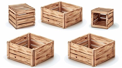 Vector Photo Realistic Empty Wooden Crates on a White Background. Isolated top, front, and perspective views against a white backdrop