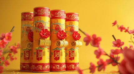 Realistic rendering of Chinese firecrackers isolated on a yellow background, one with an attached spring couplet