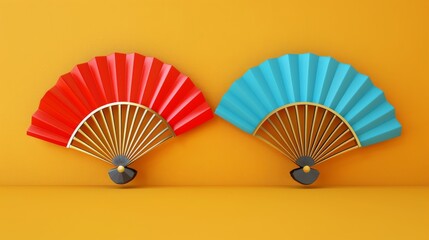 Three-dimensional rendering of a Chinese semicircle fan colored red and blue on a yellow background. Both fans are decorated with golden lines along their top edges.