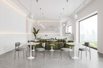 Naklejka premium Luxury restaurant interior with dining space with sofa, panoramic window