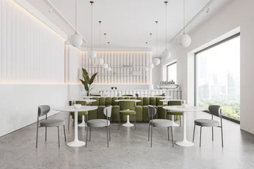 Fotobehang Luxury restaurant interior with dining space with sofa, panoramic window © ImageFlow