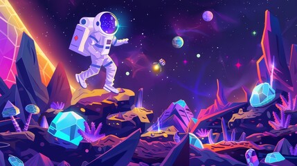 Animated 2D gui space game with astronauts on alien planet landscapes. Modern illustration showing cute cosmonauts jumping on rock platforms collecting bonus and asset items. - obrazy, fototapety, plakaty