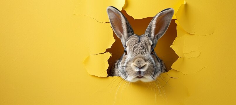 Macro photo of a rabbit with whiskers peeking from a yellow wall hole