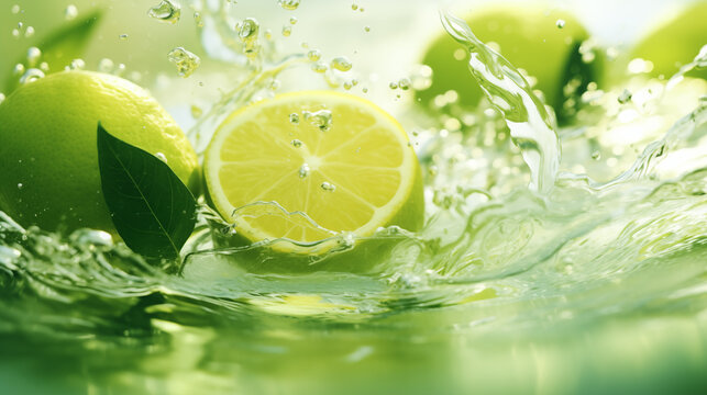 Morceaux de citrons verts, agrume sur un fond d'eau avec &eacute;claboussure d'eau. Fruit, sain, d&eacute;licieux, acide. Jus de fruit, boisson. Pour conception et cr&eacute;ation graphique.
