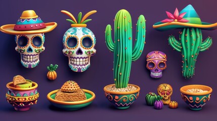 Three-dimensional Day of the Dead elements including Mexican bowls, sugar skulls, cacti with sombreros, and bread of the dead