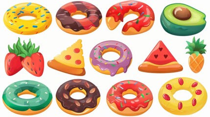 Swimming rings and mattresses, inflatable rubber pineapples, donuts, ice cream, avocados, pizza and watermelon colorful stylish accessories for kids and adults, Modern illustration.