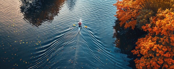 A solitary rower in a skiff on a serene lake encapsulating calm and reflection in nature