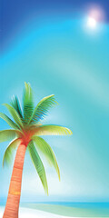 Fototapeta na wymiar Vertical vector illustration of a palm tree with green leaves in a blue sky background