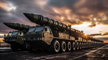 Intercontinental Ballistic Missile Launchers. Advanced Weaponry Concept. Mobile Nuclear Missiles.  ICBM Launchers on the Move. Global Conflict - obrazy, fototapety, plakaty