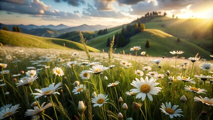 Blooming Daisy Field: Majestic Spring and Summer Countryside Landscape