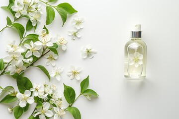 A bottle of perfume next to white flowers on a clean white background - obrazy, fototapety, plakaty