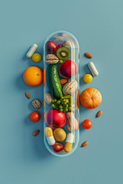 Script of multi-colored fruits, vegetables and nuts inside a capsule on a blue background. Conceptual print for healthy eating, vitamins or fitness.
