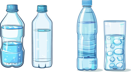 Glass of water and plastic bottle - obrazy, fototapety, plakaty