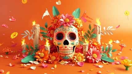 Dia de los muertos poster with sugar skull, candles, flowers, flags, and a burning candle on orange background.