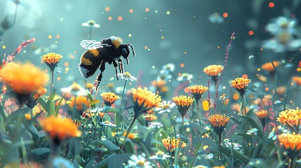 Illustrate a bees exploration in the garden using pixel art, focusing on sharp lines and bold, bright colors to convey a sense of playfulness and wonder in a digitally rendered world