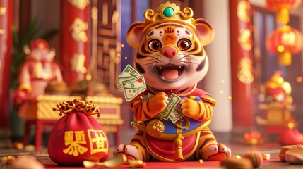 Fototapeta na wymiar It has a cute tiger in God of Wealth costume giving away money during Chinese New Year. On the lucky bag and left side are blessings and Caishen sending blessings.