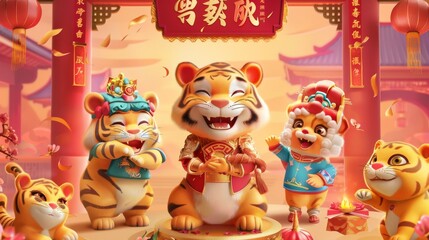In Chinese, the couplet and left side of the card show Tigers and God of Wealth celebrating Spring festival. Caishen offers blessings and brings in wealth and treasures.