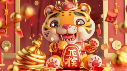 Fototapeta premium Chinese New Year graphics pack. Contains cute tiger in God of Wealth costume, gold ingots, glowing filled lucky bag, and blessing written in Chinese.