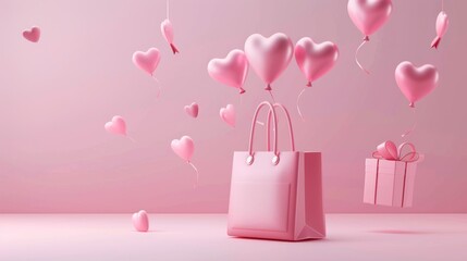 On a pink background, a shopping bag, balloons and boxes are floating on a 3D pink ad template.