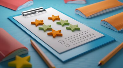 Feedback survey on a checklist with a clipboard, paper notes with stars, tick marks, and pencils, and 3D renders.