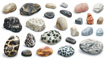 Fototapeta na wymiar Isolated on white background, smooth beach rocks from various colors, textures, and shapes, realistic 3D modern illustration.