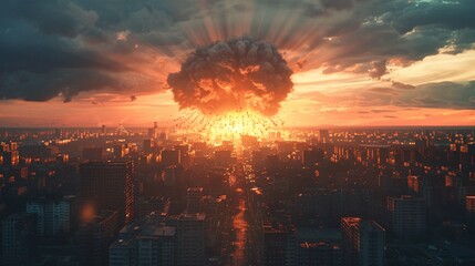 3D rendering of a nuclear explosion near a decimated metropolis, with a cinematic perspective on the apocalyptic destruction and mushroom cloud.