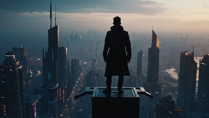 A silhouette of man standing on top of a skyscraper platform. Dystopian futuristic cityscape cyberpunk megapolis illustration. Scenic retrofuturism city sunrise horizon view.