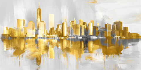 Golden Cityscape Reflection. Abstract Urban Skyline. Metallic Gold Skyline Painting. Modern City Reflection