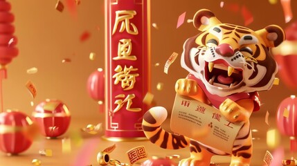 The Year of the Tiger banner for 2022. It depicts a tiger biting a paper scroll with wishing you a happy new year written in Chinese on it.