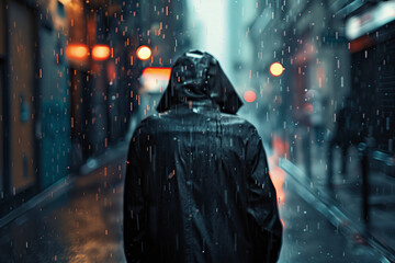AI generated illustration of a hooded person standing in the rain - obrazy, fototapety, plakaty